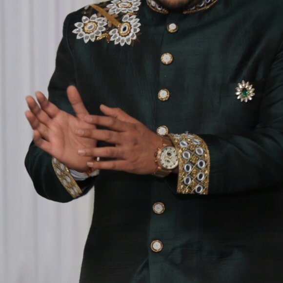 Men's Heavy Sherwani in Green color - Picture 2 of 3